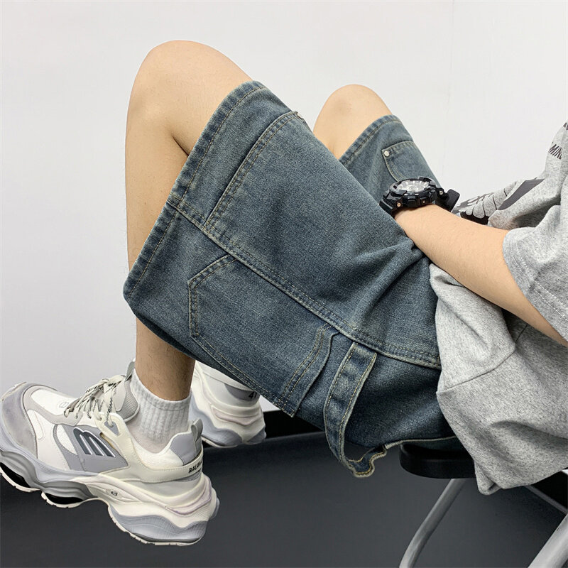FEWQ-pantalones vaqueros cortos lavables para hombre, Jeans finos de verano, moda urbana americana, holgados, Color sólido, 24x9126, 2024