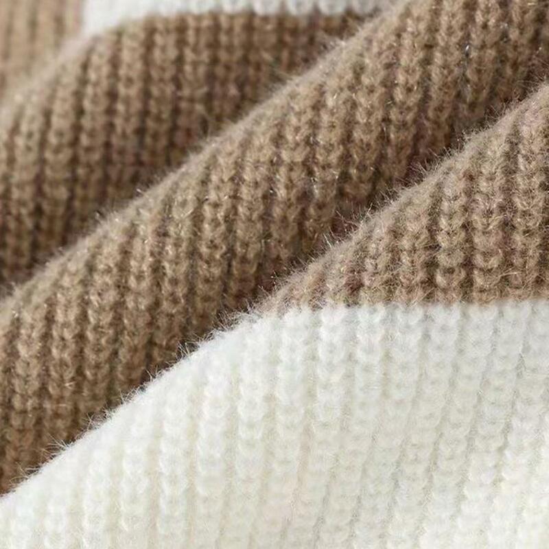 Camisola de retalhos retrô masculino tricotada com gola O, malhas elásticas altas, manga comprida, tops de tricô quente, outono inverno
