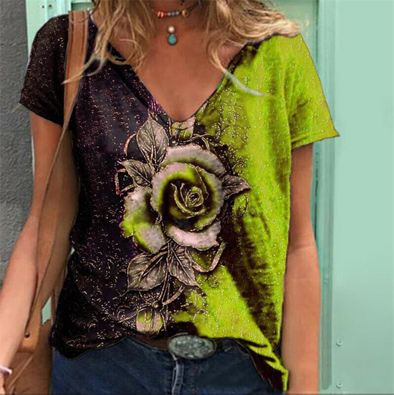 T-shirt estiva con scollo a v Street Fashion Trend top a mezza manica con stampa floreale a maniche corte abbigliamento in cotone confortevole allentato