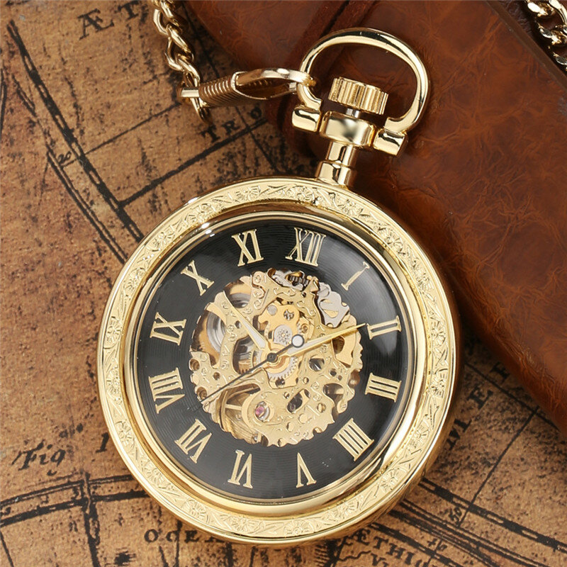 Роскошные карманные часы желтого и золотого цвета, часы с римскими цифрами, механические Автоматические часы для мужчин, цепочка-брелок, часы, коллекционные часы