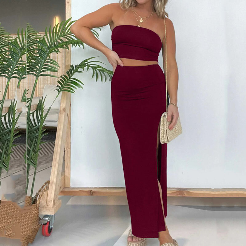 Sexy Bustier Sleeveless Tops and Long Skirt Sets Women Elegant Side Split Slim Party 2Pc Outfits 2024 Fashion Solid Beach Suits