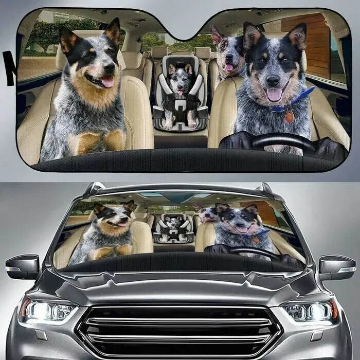 Lucu Heeler biru anjing keluarga mengemudi mobil kerai kaca depan kerai untuk perlindungan matahari UV, tirai jendela untuk kekasih Heeler biru