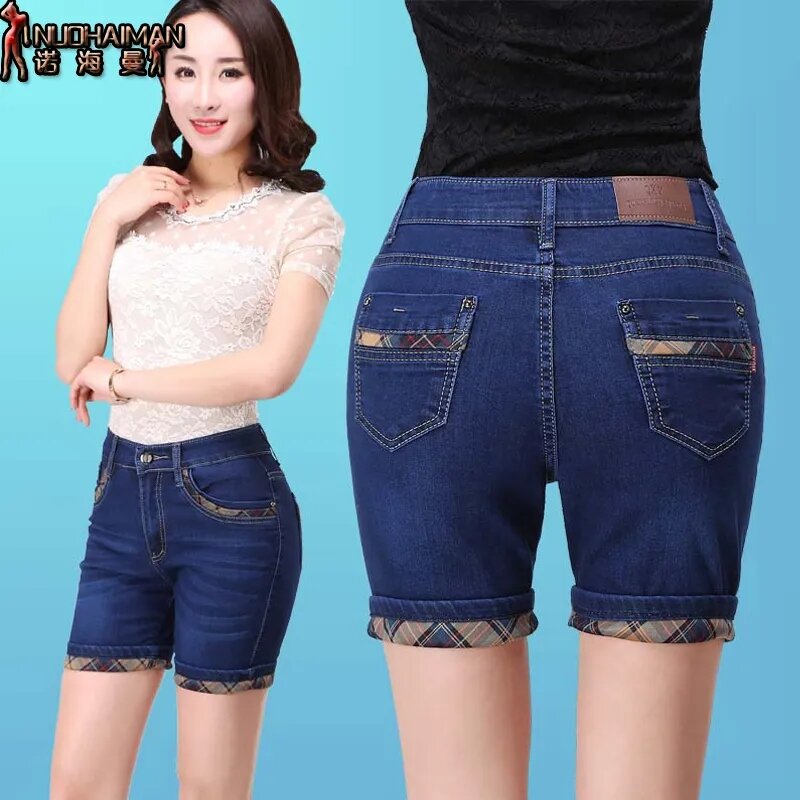 Classic Stretchy Washed Shorts Jeans 2024 Womens Solid High Wasit Multi BreastedCasual Zipper Decoration Pocket Denim Shorts