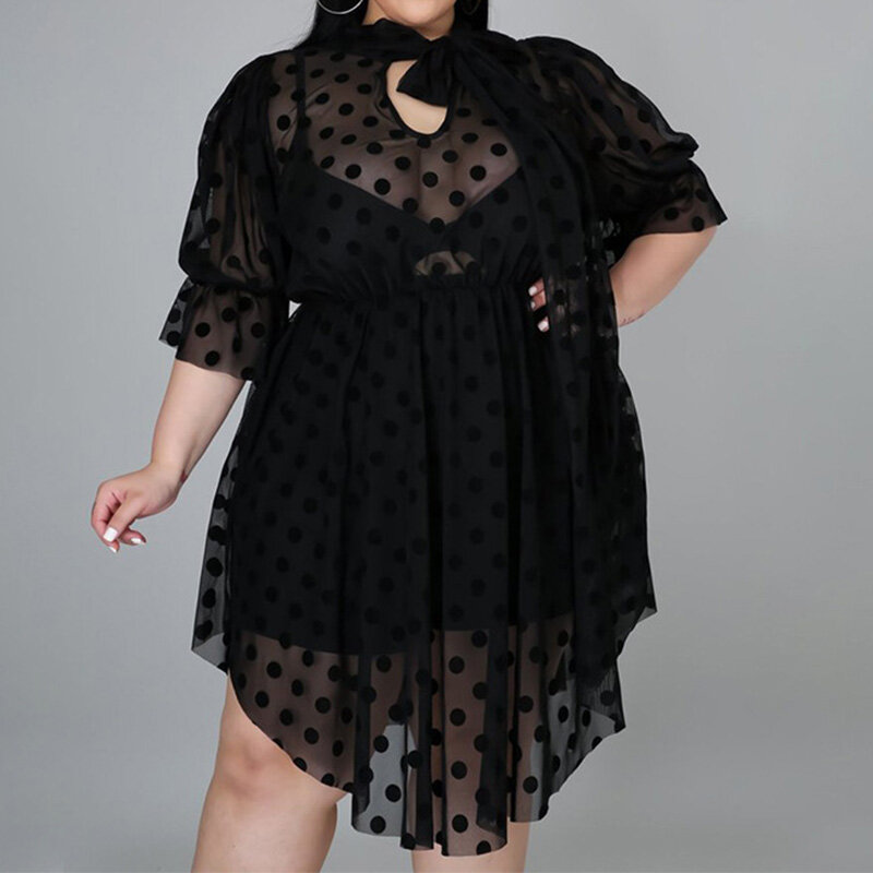 Женское платье-миди с асимметричным подолом, черное платье в горошек с полурукавами и вырезами из фатиновой ткани, весна-лето