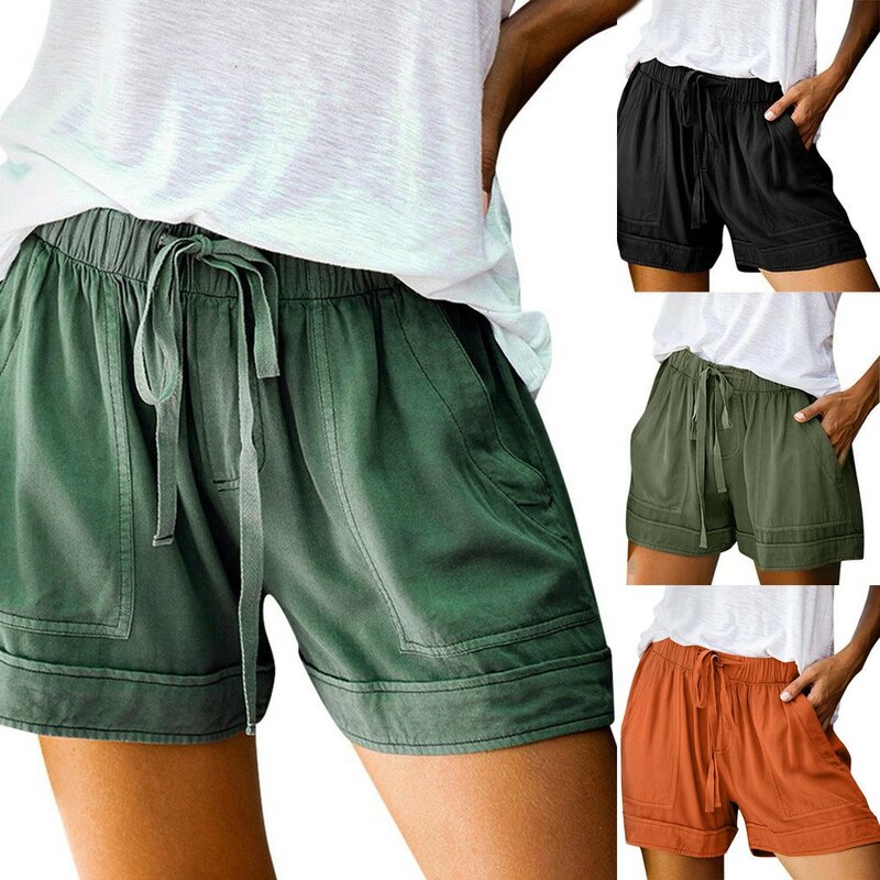 Шорты женские с эластичной талией и карманами, Повседневные Удобные Свободные однотонные Короткие штаны на завязках, большие размеры, на лето