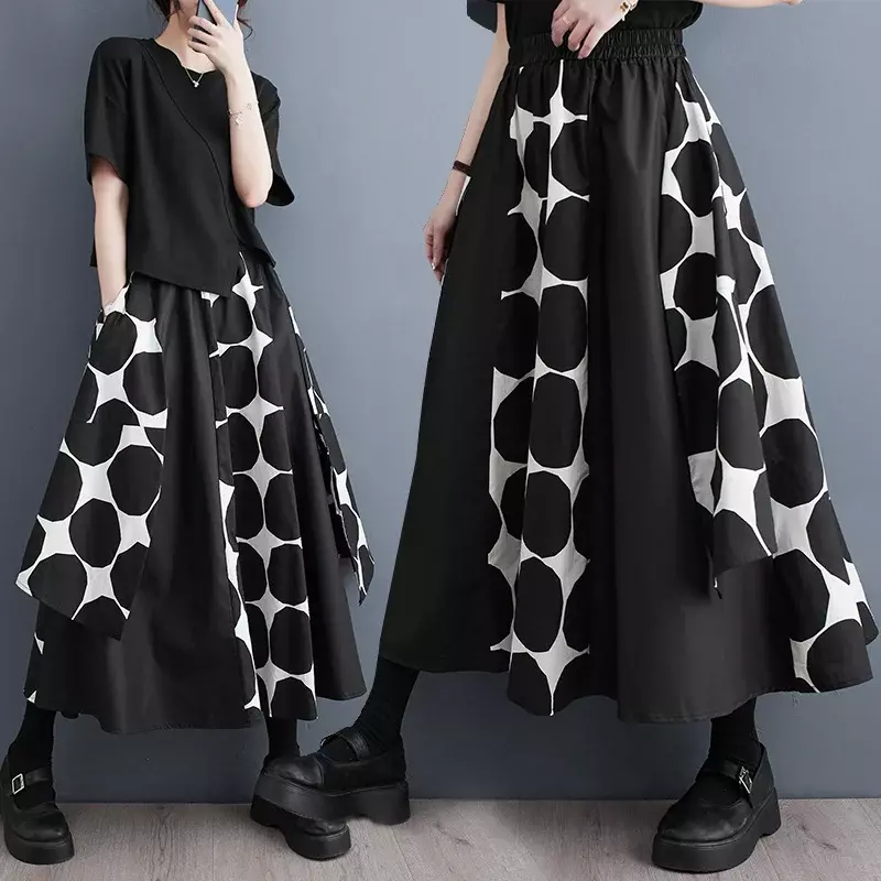 女性用ブラックポリカドットプリントAラインスカート、非対称ヴィンテージハイウエストスカート、女性用ゴシックルーズミディスカート、ポケット