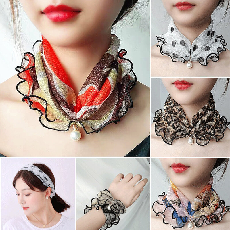 Новый шарф с подвеской из искусственного жемчуга, ожерелье, женский кружевной шейный воротник с принтом, шифоновый нагрудник, модные женские шарфы
