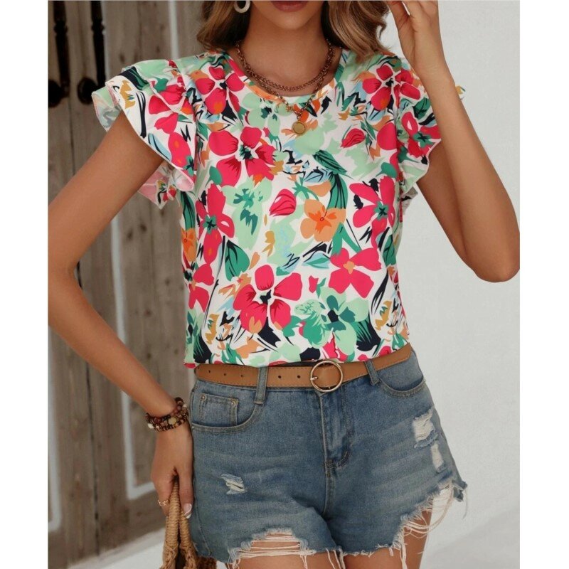 Женская блузка летняя Модная рубашка с цветочным принтом топы с цветами женские футболки шифоновые футболки женские блузки