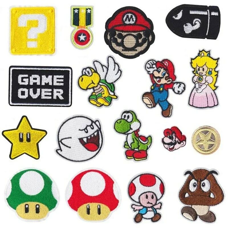 17pcs/set Super Mario Bros Icon Ironing Patch Anime Game Figure Yoshi Wario Bowser Applique Embroidery Accessories Clothes Patch