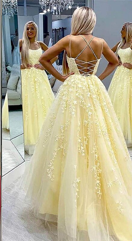 Tulle Princess Appliques Homecoming Dresses for Teens Long Flower Spaghetti Straps Prom Dress with Pocket Long Puffy Ball Gown