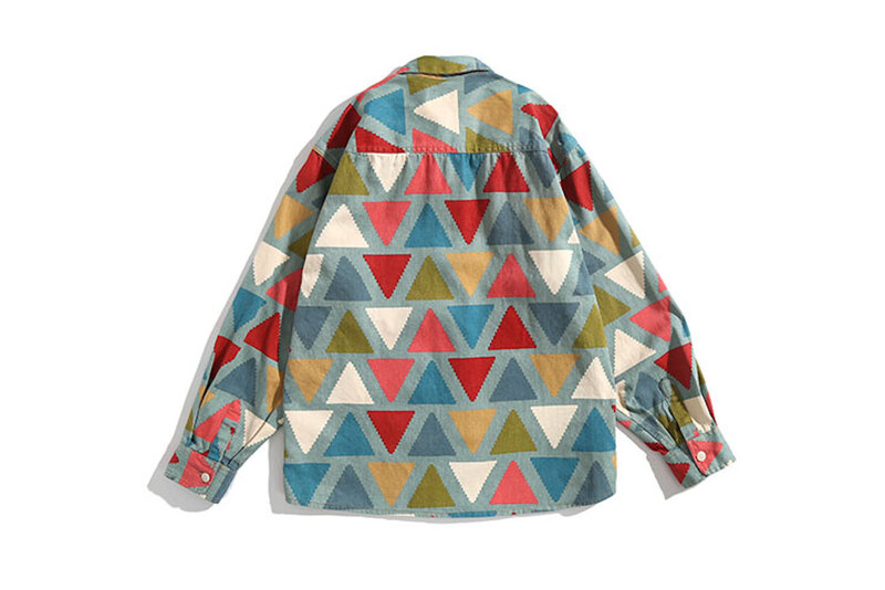 남성용 기하학 패턴 프린트 셔츠, 일본 심플한 코튼 긴팔 셔츠 재킷