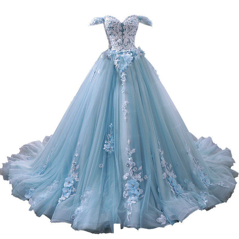 Gaun Quinceanera biru baru klasik bahu terbuka gaun Prom putri gaun bola applique renda dengan ukuran kustom kereta kecil