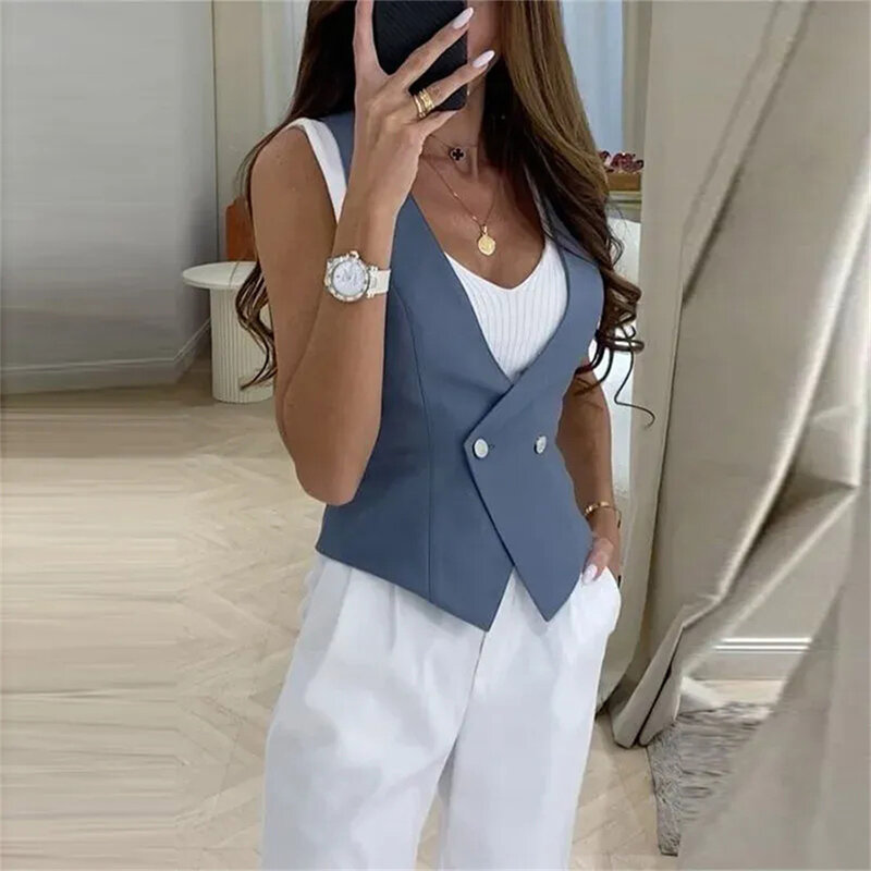Women Vest 2024 Low-cut V Neck Clothes Faux Leather Fashion Slim Fit Sleeveless For Casual Lined Coats Female Waistcoat 조끼