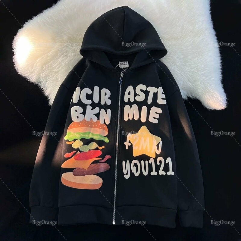 Alta qualidade 3d impressão de espuma burger star zip hoodie nova camisola harajuku casal jaquetas streetwear y2k hoodies goth pano feminino
