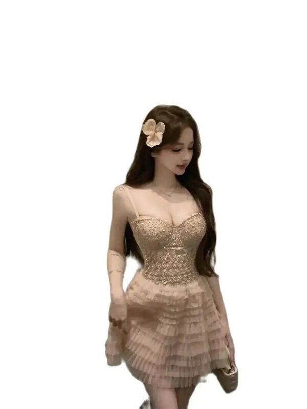 2024 wiosna nowa koreańska koronka kryształowy diament seksowna koronkowa koszulka damska + luźna plisowana siatkowa spódnica z ciasta dwuczęściowa