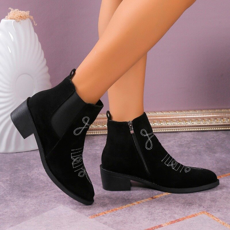 2023 Winter Med Heel Shoes for Female Side Zip Women's Ankle Boots Square Heel Women's Shoes Embroider Pointed Toe Ladies Boots
