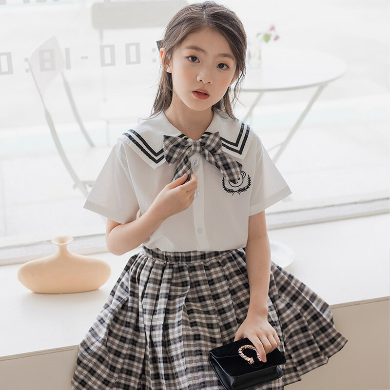 Korean Summer Children Girl 2PCS Clothes Set School Girl Bowknot Navy Collar T-shirt+Plaid Pleated Skirt Kids Academy Style Suit