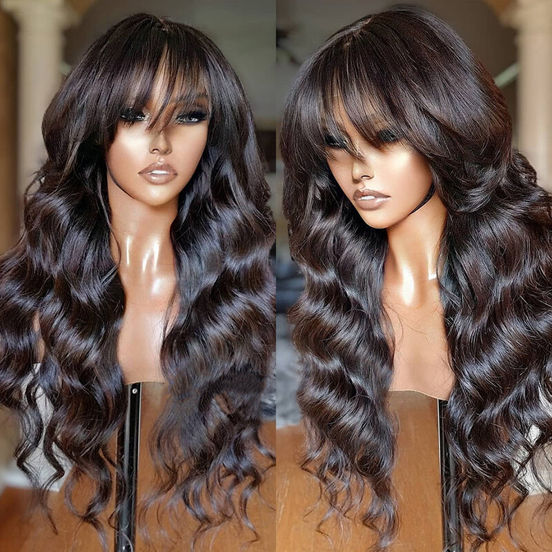 Perruque Lace Front Wig sans colle avec frange, cheveux humains, pre-plucked, HD, pre-plucked, 5x5