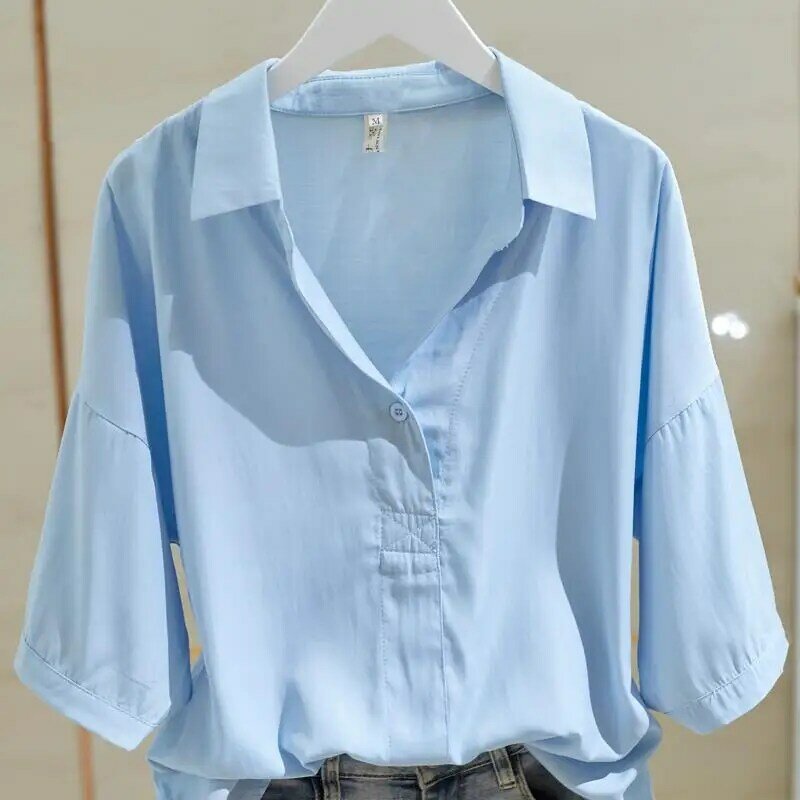 Short Sleeved Cotton Lapel White Shirt for Women Spring/Summer New Korean Loose Fit Versatile Solid Button V-neck Pullover Top