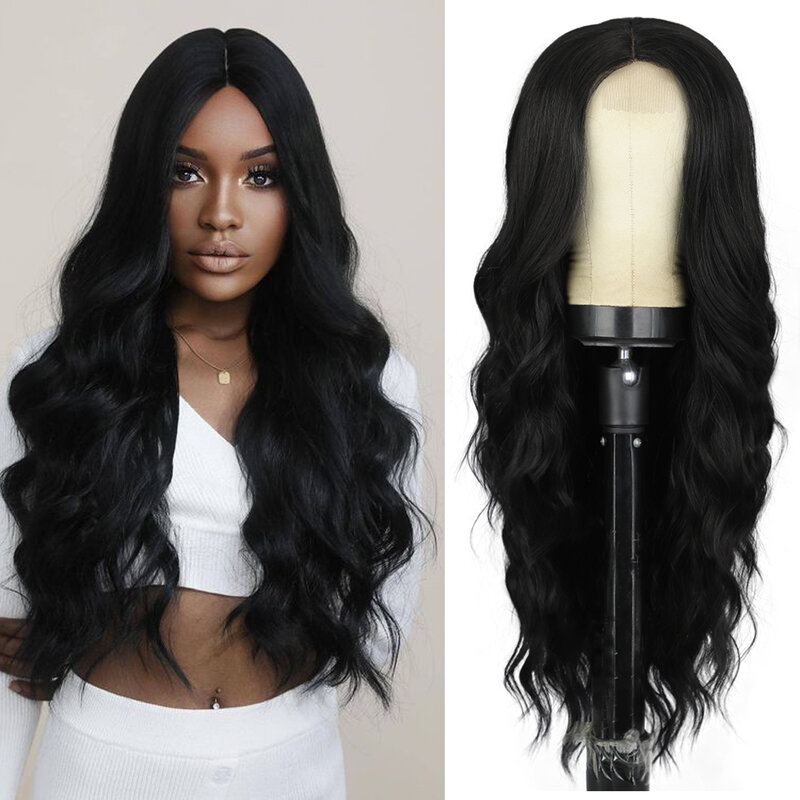 Black Wavy Synthetic Wig 26 Inch Long Natural Wave Hair Wigs for Women Daily Use Ombre Blond Heat Resistant Wig Cosplay Ginger