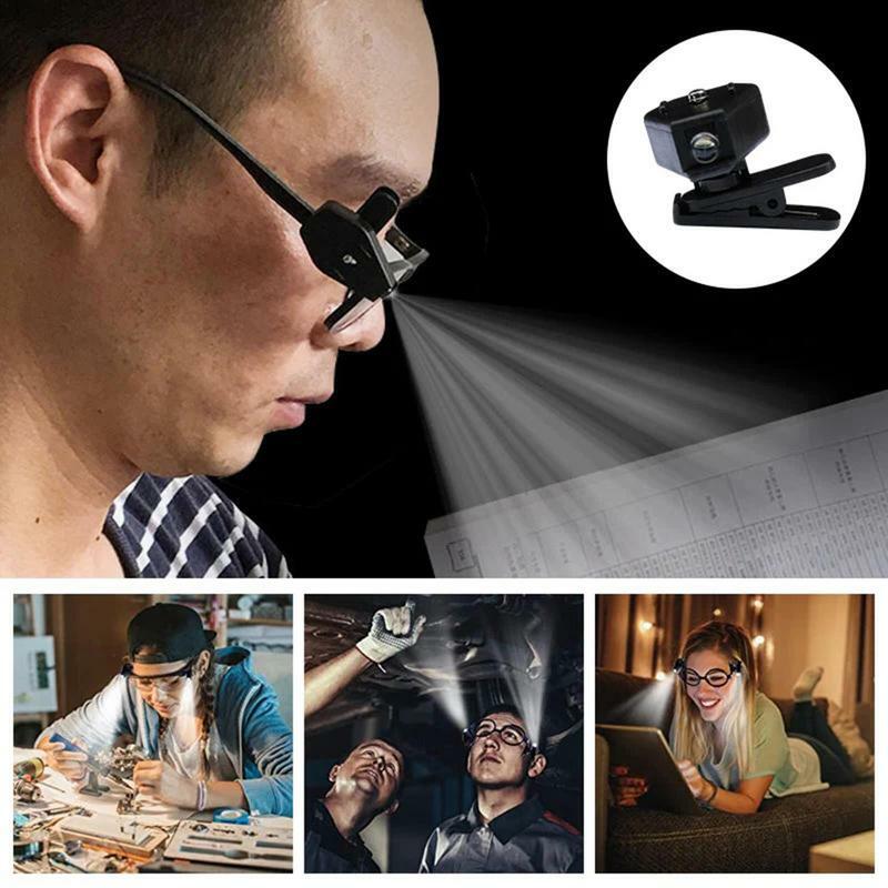 Clip on light para óculos de 360 graus rotação eyeglass leitura luz com led luz lanterna leitura noite led