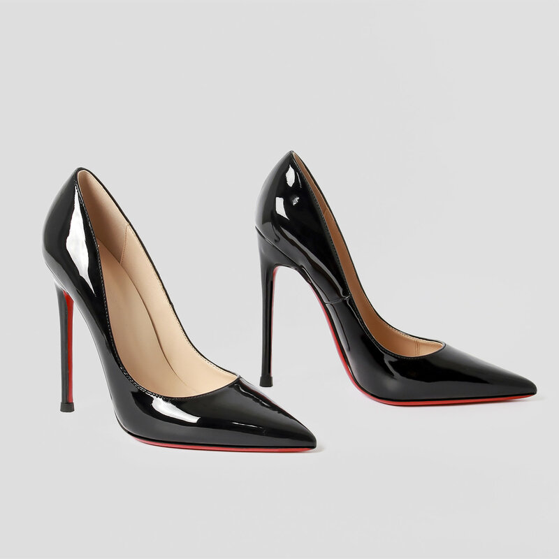 Zapatos de tacón alto de cuero para mujer, calzado de lujo, con fondo rojo brillante, punta estrecha, elegantes, para fiesta, 2024