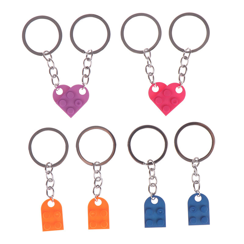 2Pcs Cute Love Heart Brick Keychain for Couples Friendship Women Men Girl Boy Lego Elements Key Ring Birthday Jewelry Gift