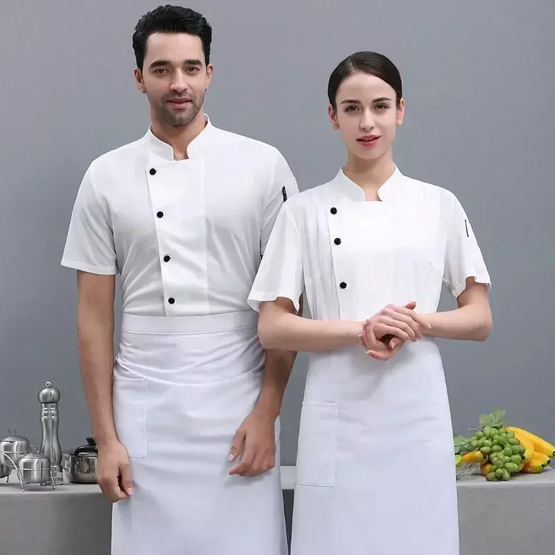 เสื้อโค้ทสำหรับบริกรโรงแรมเบเกอร์แบบสั้นระบายอากาศได้เครื่องแบบพนักงานร้านอาหารเสื้อยืดโลโก้พ่อครัว