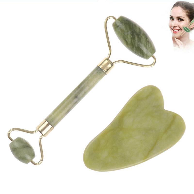 Neue 2 in 1 grüne Walze und Gua Sha Werkzeuge von natürlichen Jade Schaber Massage gerät Auge Gesicht Hals dünne Lift Relax Schlankheit werkzeuge