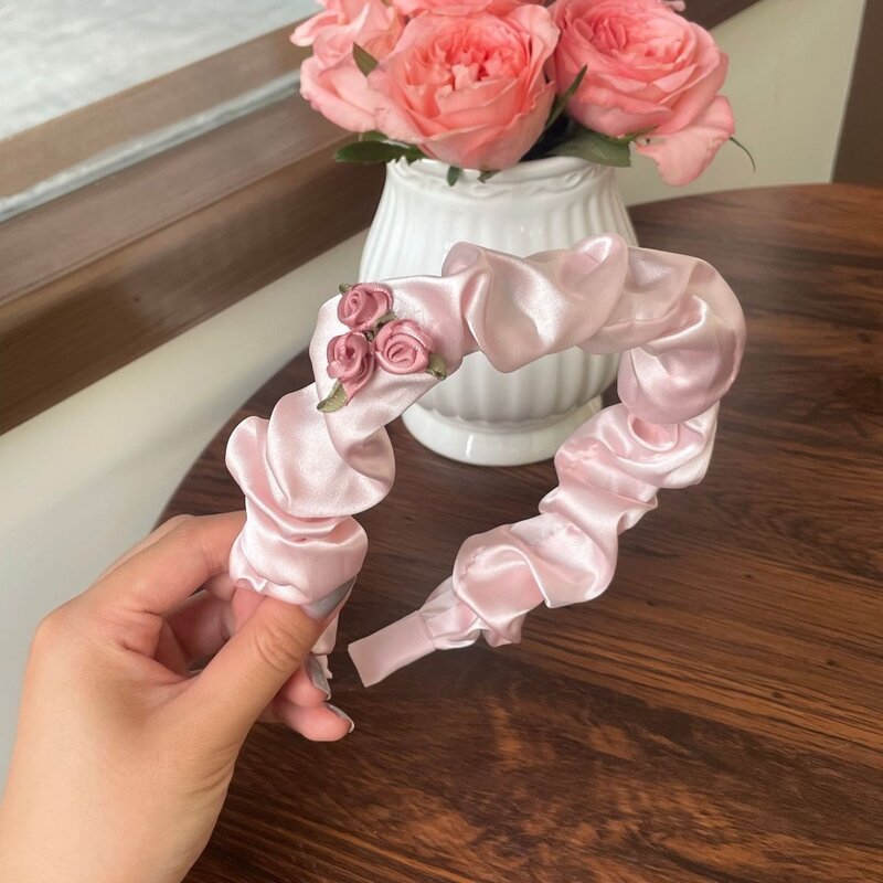 Diadema plisada rosa de tela, accesorios para el cabello Rosa Simple, diadema de ala ancha de flores