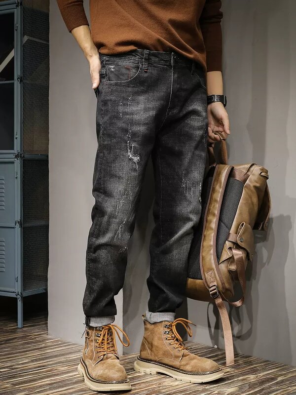 Mode Vintage Männer Jeans Retro Schwarz Grau Stretch Slim Fit Zerrissene Jeans Männer Elastische Hose Lässig Designer Denim Hosen Hombre
