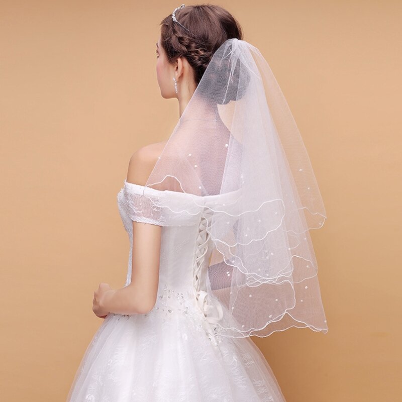 652F Wedding Bridal Veil 1 Tier Cut Edge Fingertip Length Imitation Pearl Beaded Short Tulle Veils Hair Accessories for Women