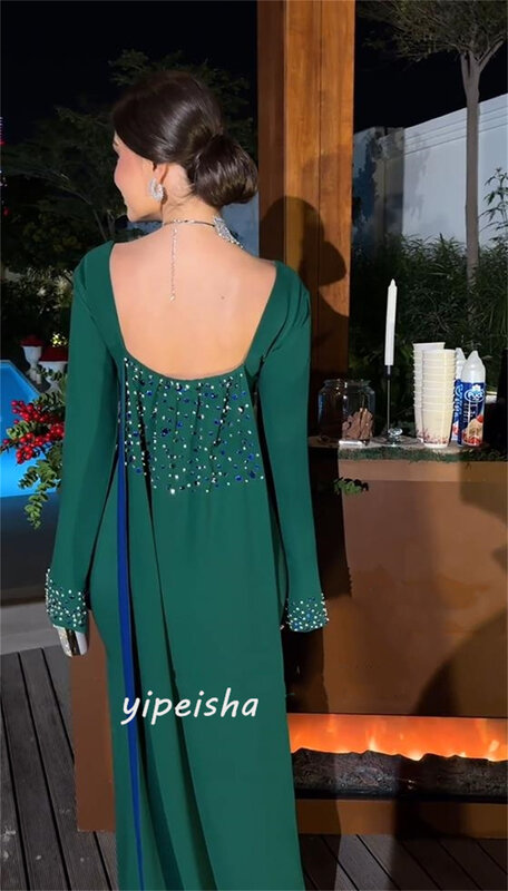 Ballkleid Saudi-Arabien Satin Perlen drapierte Strands chale Vierkant hals maßge schneiderte Anlass Kleid Langarm Kleider