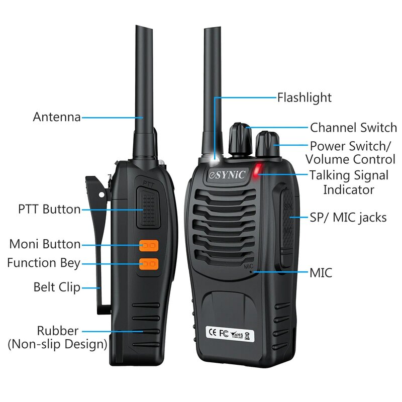ESYNiC 2 Pcs Walkie Talkie Radio ricaricabile a 2 vie PMR446 torcia a LED senza licenza VOX Handled 16CH Walkie Talkie Outdoor