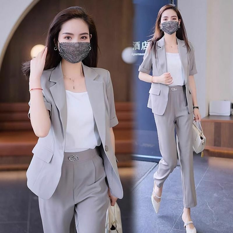 Jaket blazer wanita, lengan pendek setelan baru musim panas 2024 Korea elegan tipis celana dua potong pakaian wanita
