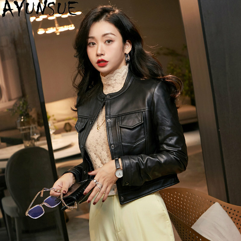 AYUNSUE Real Leather Jacket for Women 2023 Short Natural Sheepskin Leather Coat Slim Genuine Leather Jackets Women's Clothing