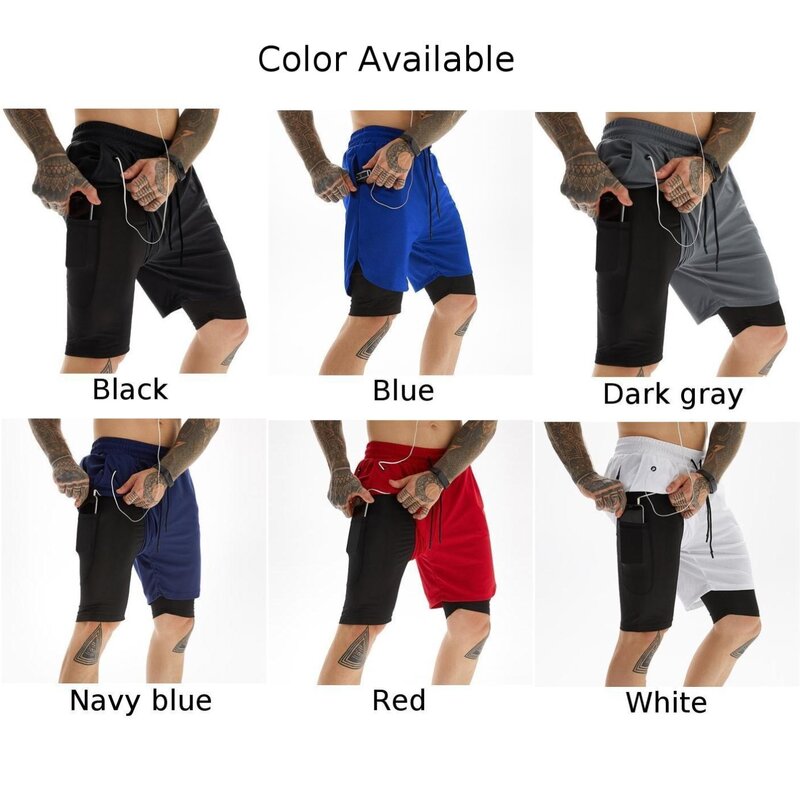 Celana pendek jala lapisan ganda pria, ikat pinggang elastis dengan tali serut cepat kering dan bernapas kain bagus untuk latihan atau olahraga