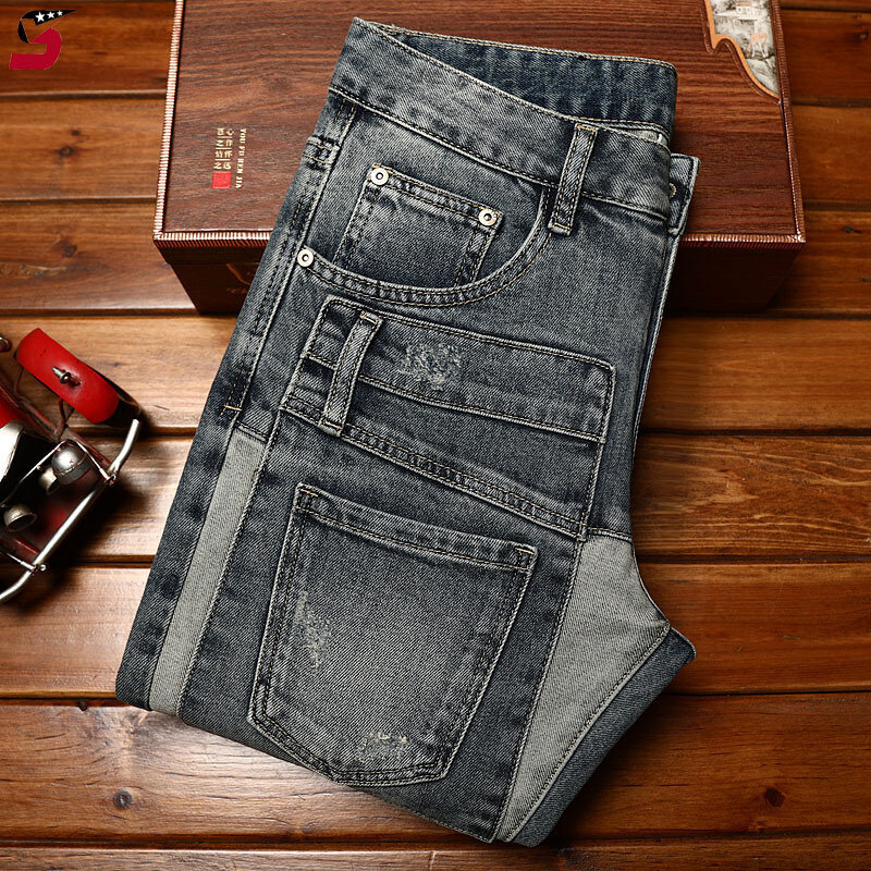 Jeans da moda high-end masculino, estilo coreano, slim fit, calça fina, casual, combina tudo, elástico, cor de contraste, calças da moda
