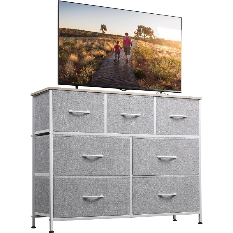 Dresser TV Stand, Entertainment Center with Fabric Drawers, Media Console Table with Metal Frame and Wood Top