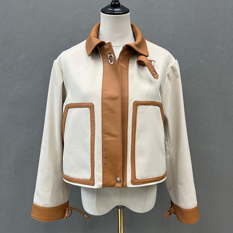 2023 New Women's Genuine Leather Jackets Fashion Patchwork Fabric Coats Real Sheepskin Leather Contrasting Colors ZM4973