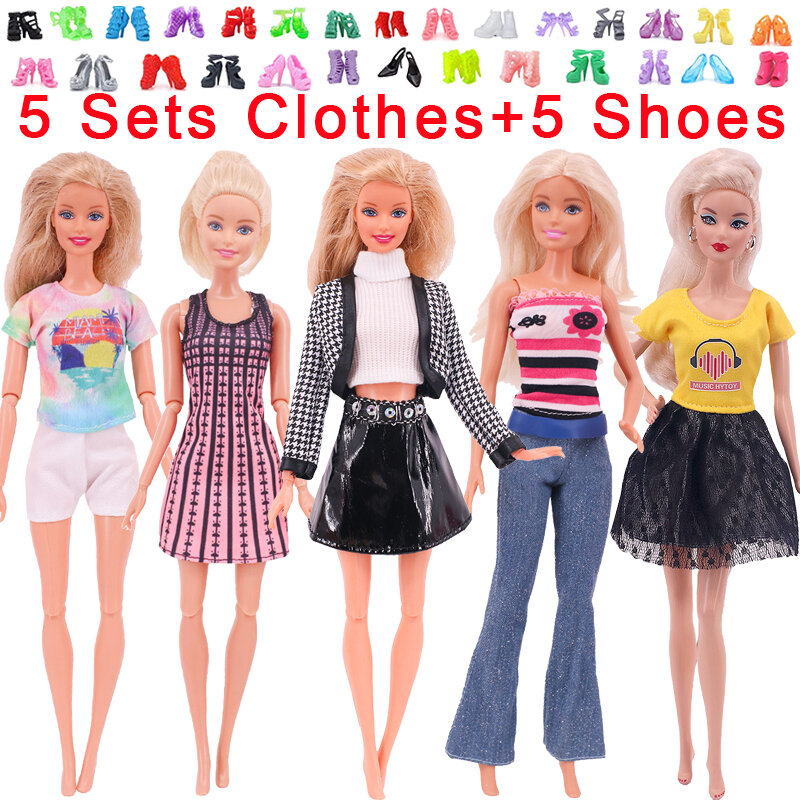 Conjunto de ropa hecha a mano para niñas, Traje + 5 pares de zapatos para Barbie, ropa de muñeca, juguetes BJD Blyth 1/6, 10 unidades