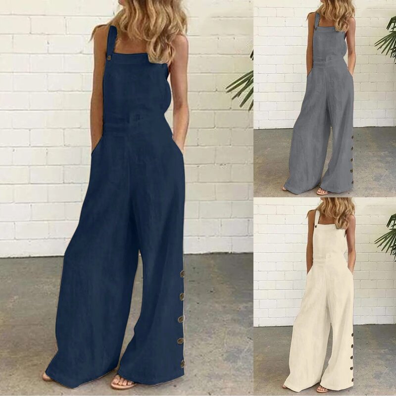 Women Suspender Solid Rompers Overalls 2024 Vintage Jumpsuits Playsuits Long Pockets Wide Leg Pants Combinaison Oversize Clothes