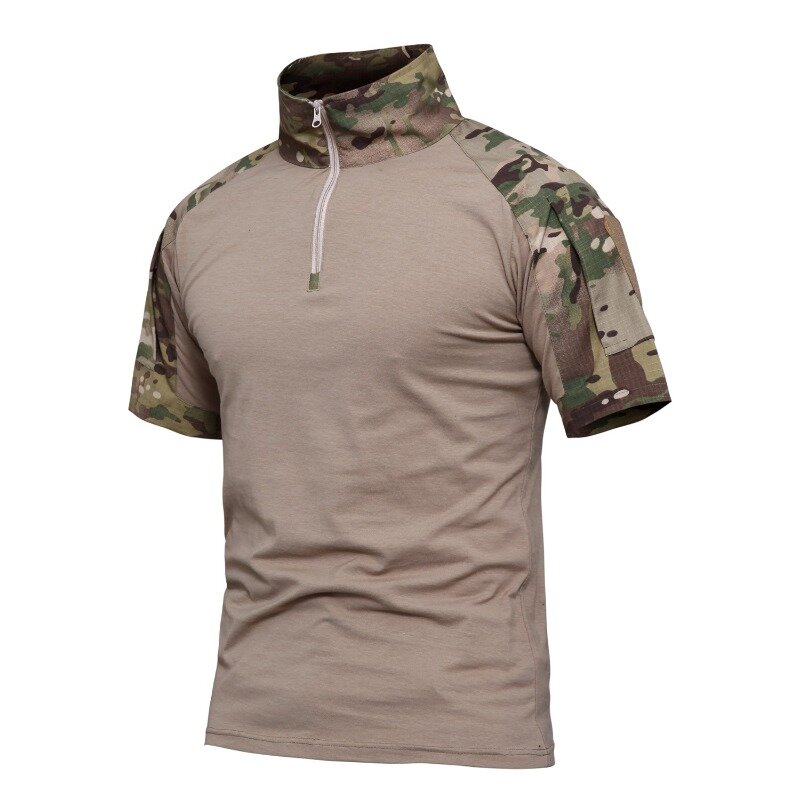 Short Sleeved Elastic Plaid Camouflage Top, Ventilador militar, Tático, russo, 2024