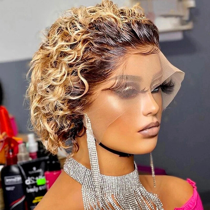 Ginger Orange Pixie Cut Wig Short Curly Lace Front Human Hair Wigs for Women Brazilian Water Wave Bob Wig Transparent Lace Wigs