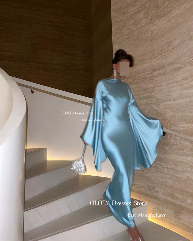 OLOEY Simple Light Blue Silk Satin Evening Party Dresses Flare Long Sleeves Bateau Neck Arabic Women Prom Dress Event Formal
