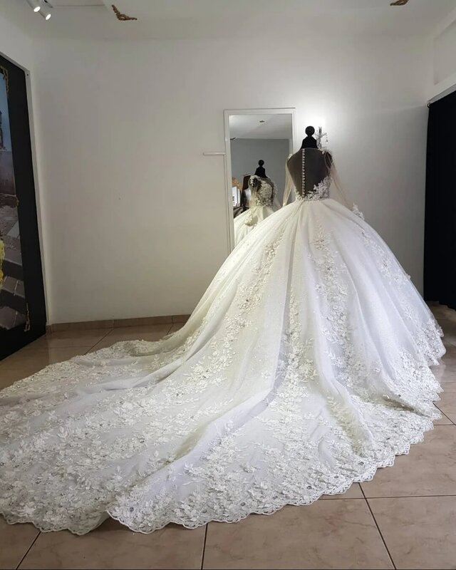مخصص ثلاثية الأبعاد الزهور الوهم مشد ، كامل الأكمام فستان الزفاف ، يزين بريق تول الدانتيل ، قطار كبير الكرة ثوب للعرائس