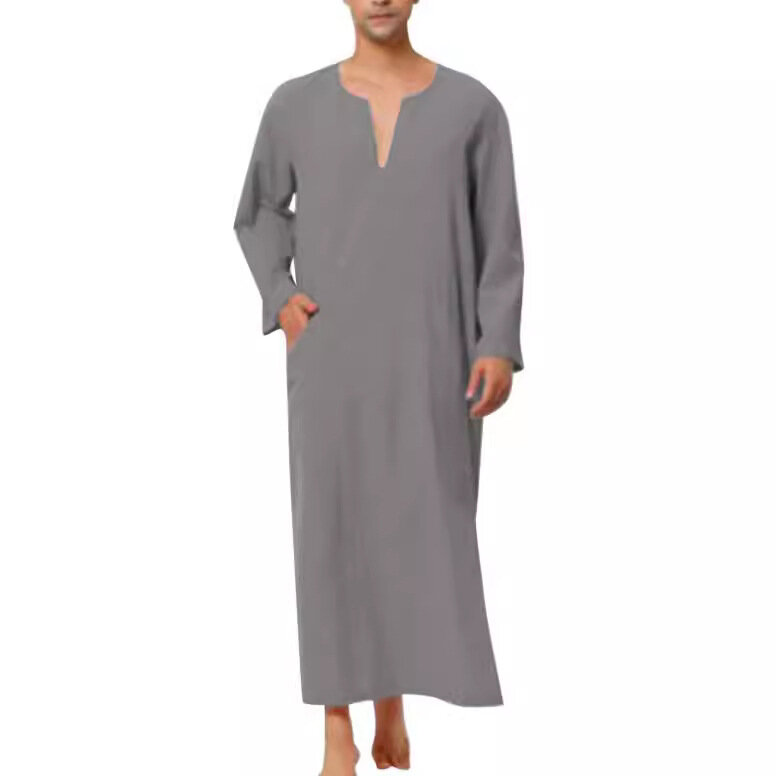 2024 jubah Kaftan Muslim pria kemeja Pilgrim tunik Thobe lengan panjang dengan saku pakaian Islam pakaian pria Jubba Thobes
