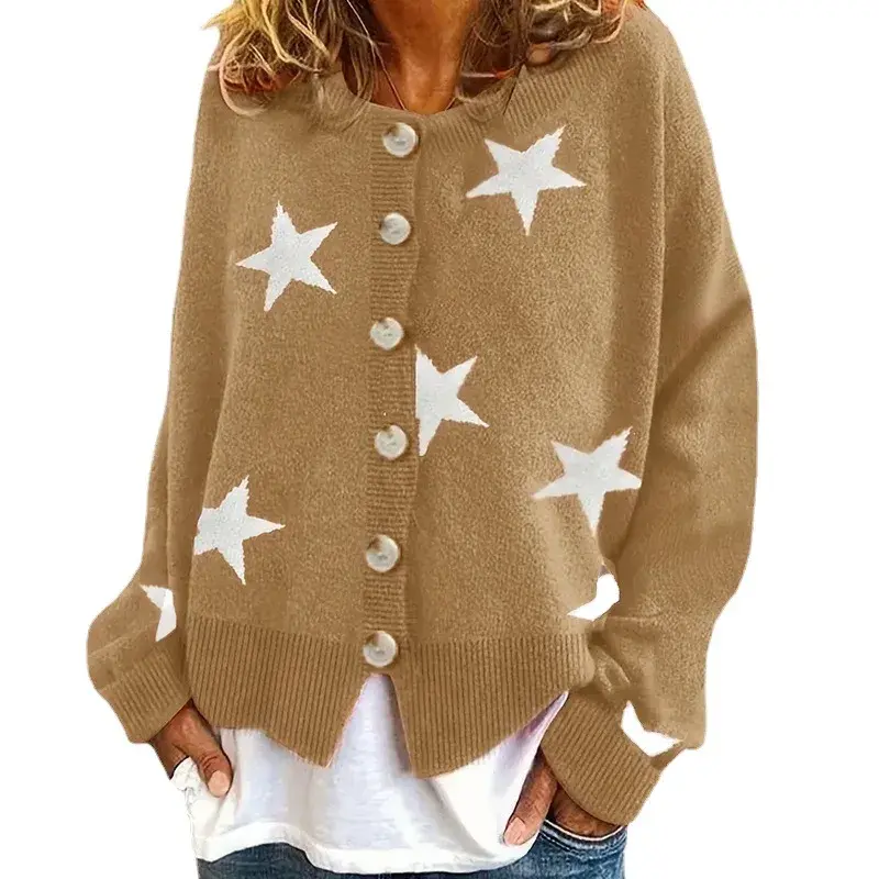 여성용 5 포인트 스타 가디건, 긴팔 V넥 싱글 브레스트 스웨터 재킷, 가을 및 겨울