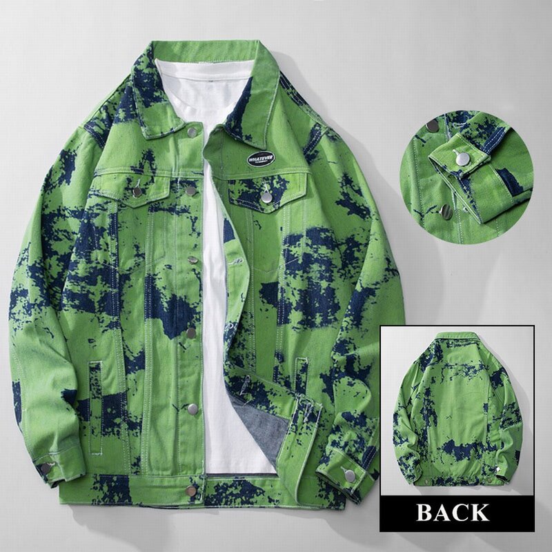 Wiosenne jesienne zielone żakardowy wzór kurtki jeansowe bawełniana pościel Jaqueta Jeans Streetwear luźne płaszcze Hombre