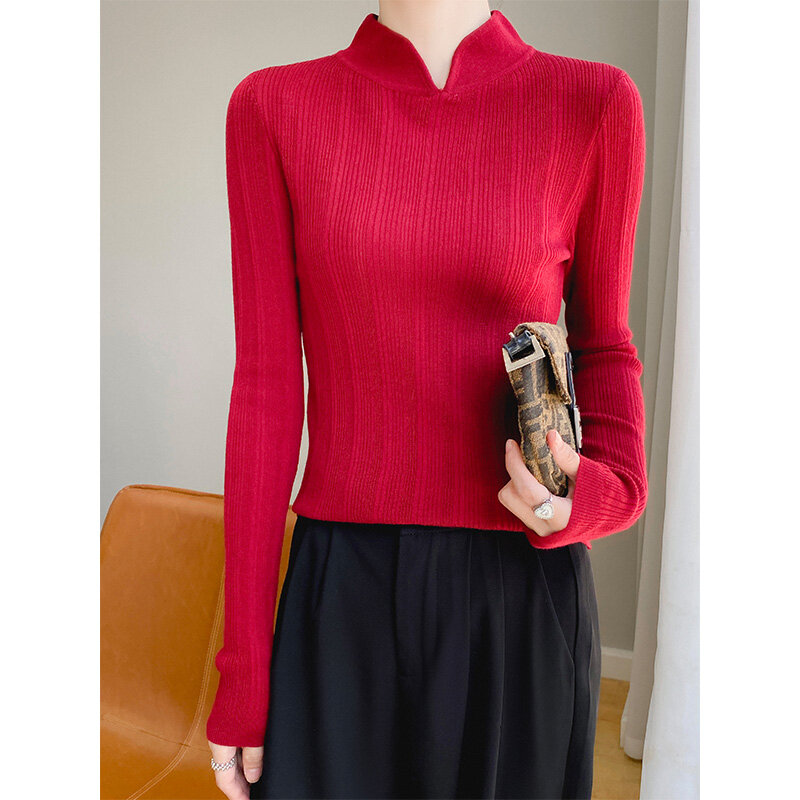 Suéter de Cachemira de lana para mujer, Jersey ajustado de manga larga con Cuello medio alto para mujer, jersey rojo de punto para Otoño e Invierno 2024